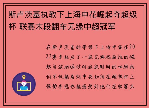 斯卢茨基执教下上海申花崛起夺超级杯 联赛末段翻车无缘中超冠军