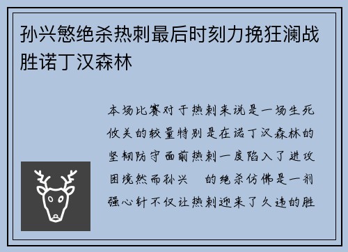 孙兴慜绝杀热刺最后时刻力挽狂澜战胜诺丁汉森林