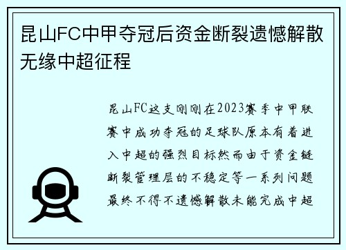 昆山FC中甲夺冠后资金断裂遗憾解散无缘中超征程